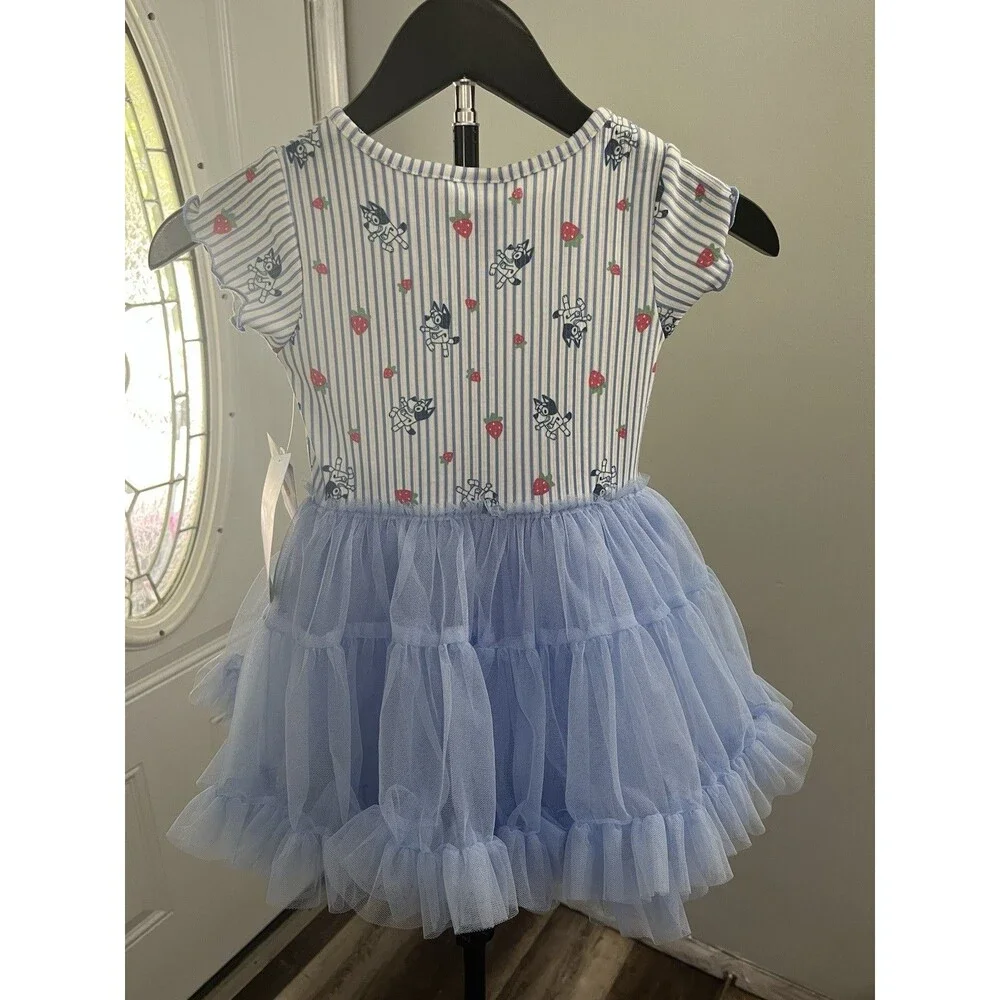 Bluey Girls 3T Fit & Flare Dress Flutter Sleeve Striped Tulle Knee